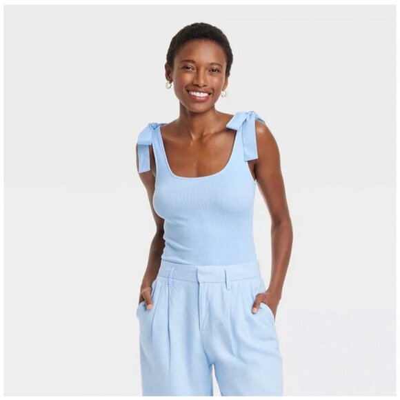 a new day Tops - A New Day Ribbed Tank Top Tie Strap Sleeveless Casual Top Blue Size Medium